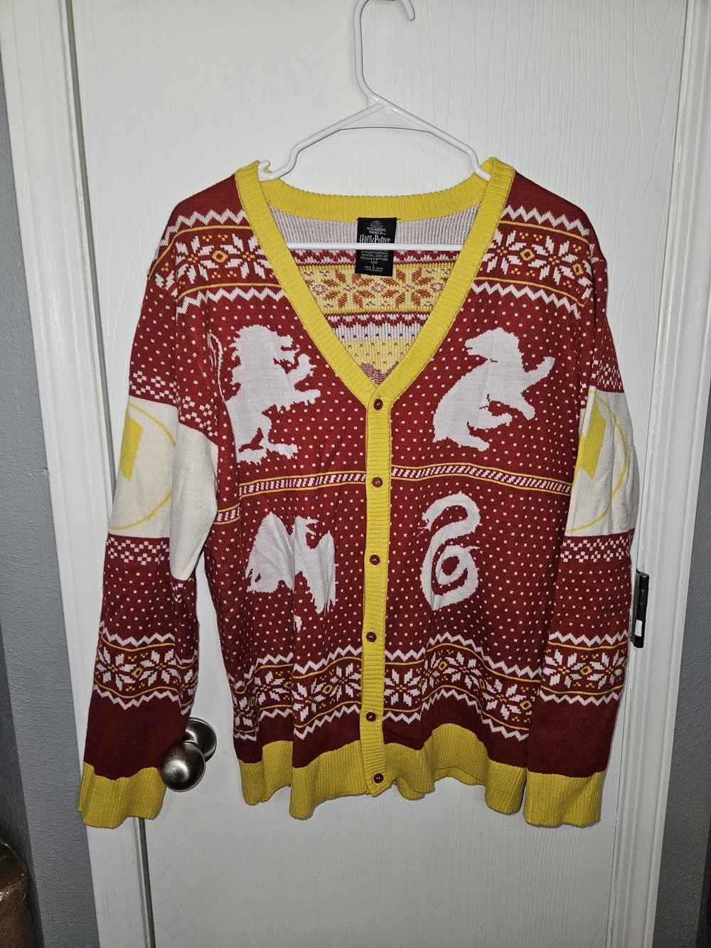 Red & Yellow Patterned Button-Up Cardigan Sweater